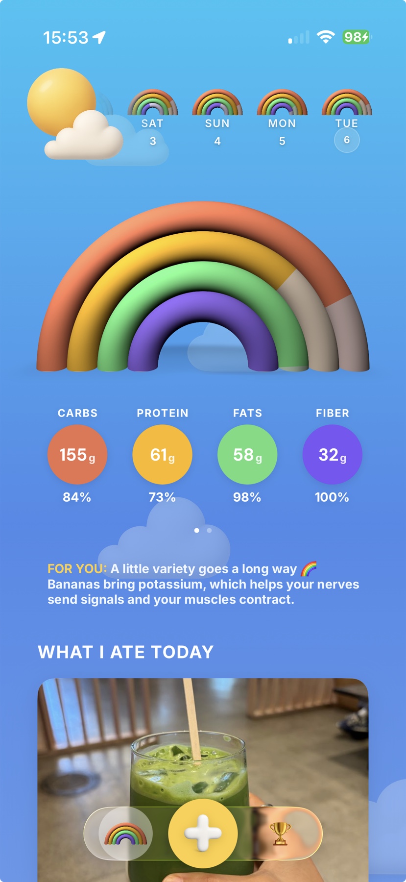 Crunchi nutrition rainbow with a personalized food insight about bananas and potassium