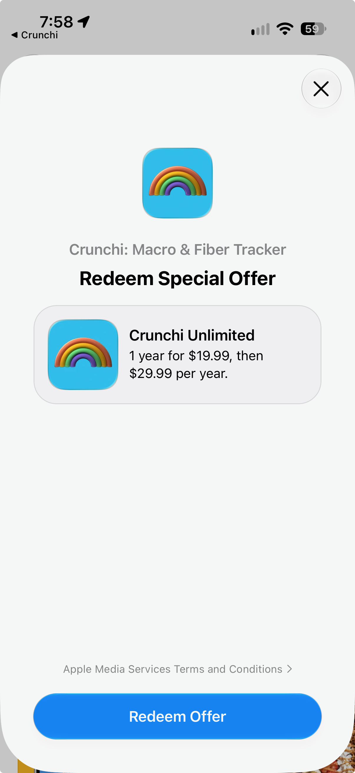 Apple Redeem Special Offer screen for Crunchi with offer terms and a blue Redeem Offer button