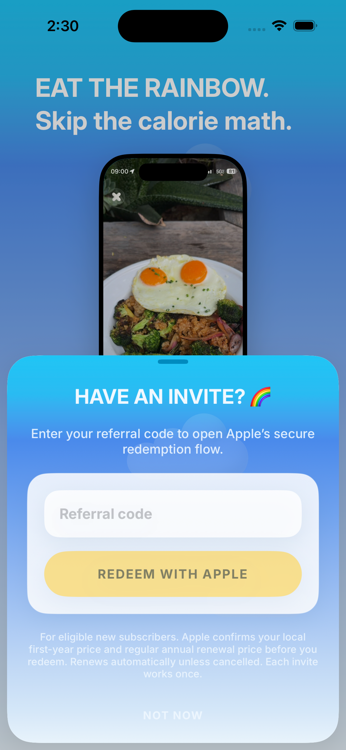 Crunchi referral sheet with a Referral code field and a Redeem with Apple button